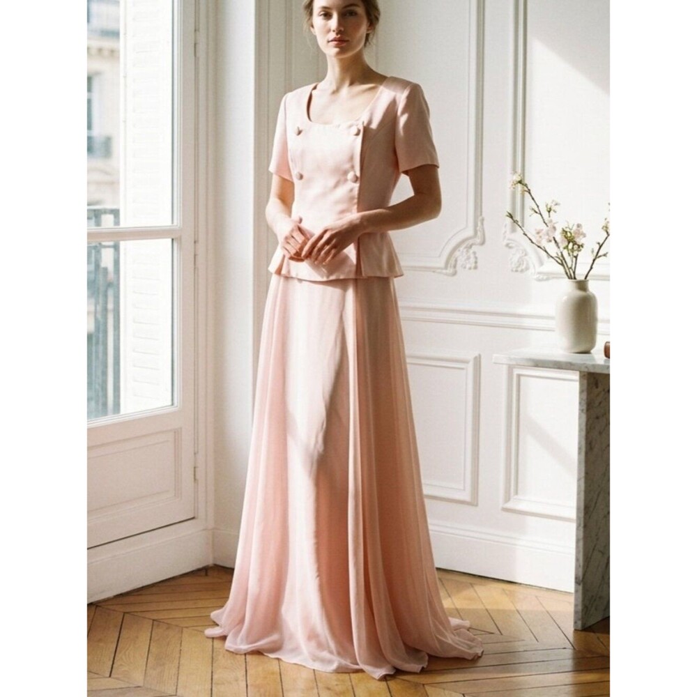 Vintage Danny & Nicole Blush Pink Peplum Chiffon Gown Size 12